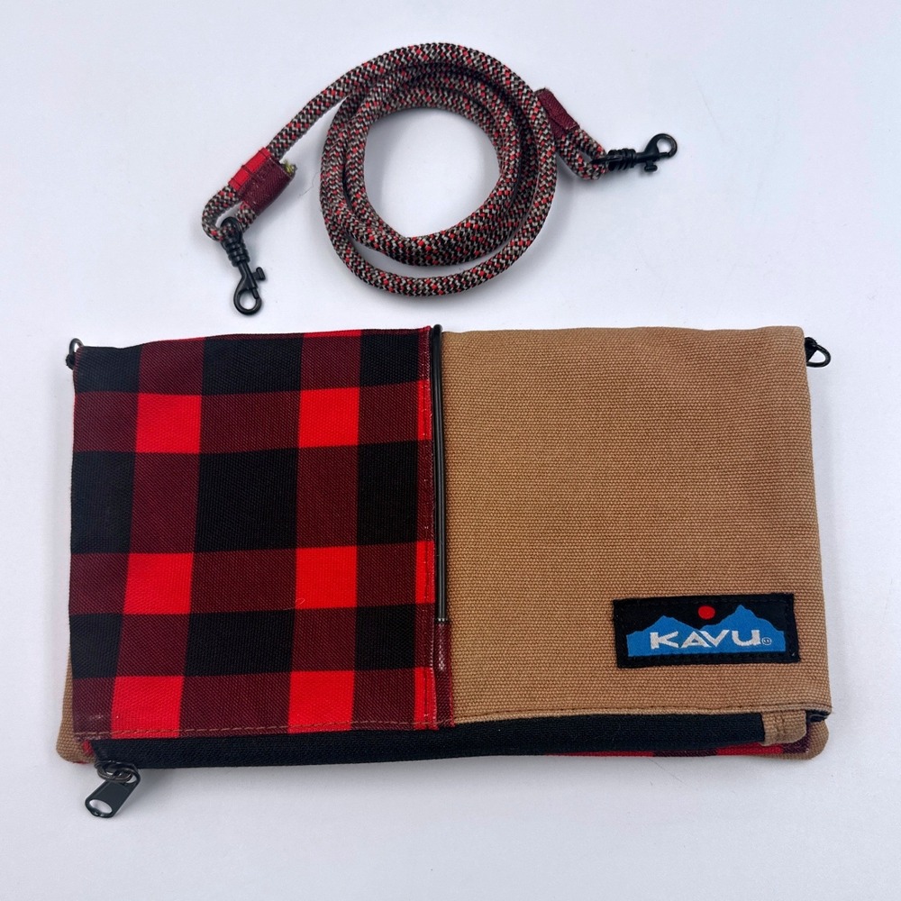 KAVU Canvas Red Black Plaid Overlap Crossbody Snap Closure Removable Rope Strap